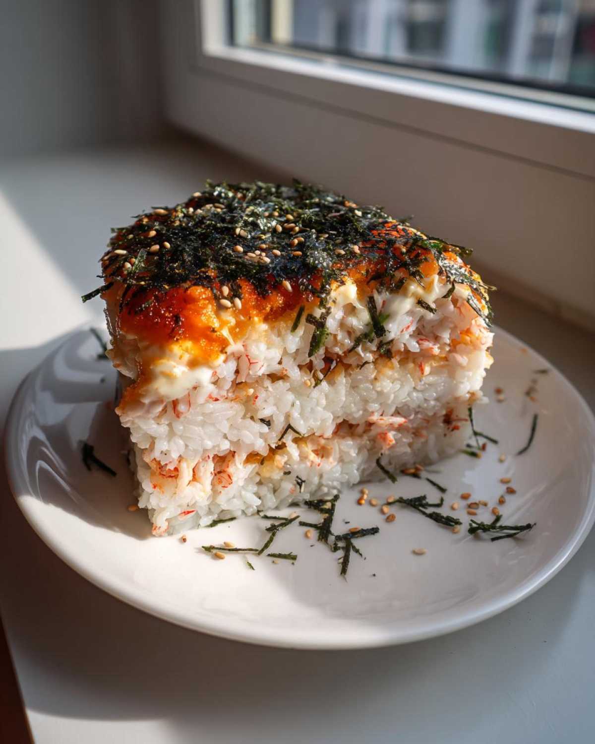 A thick slice of layered sushi bake featuring rice, crab, creamy sauce, and topped with nori and sesame seeds.