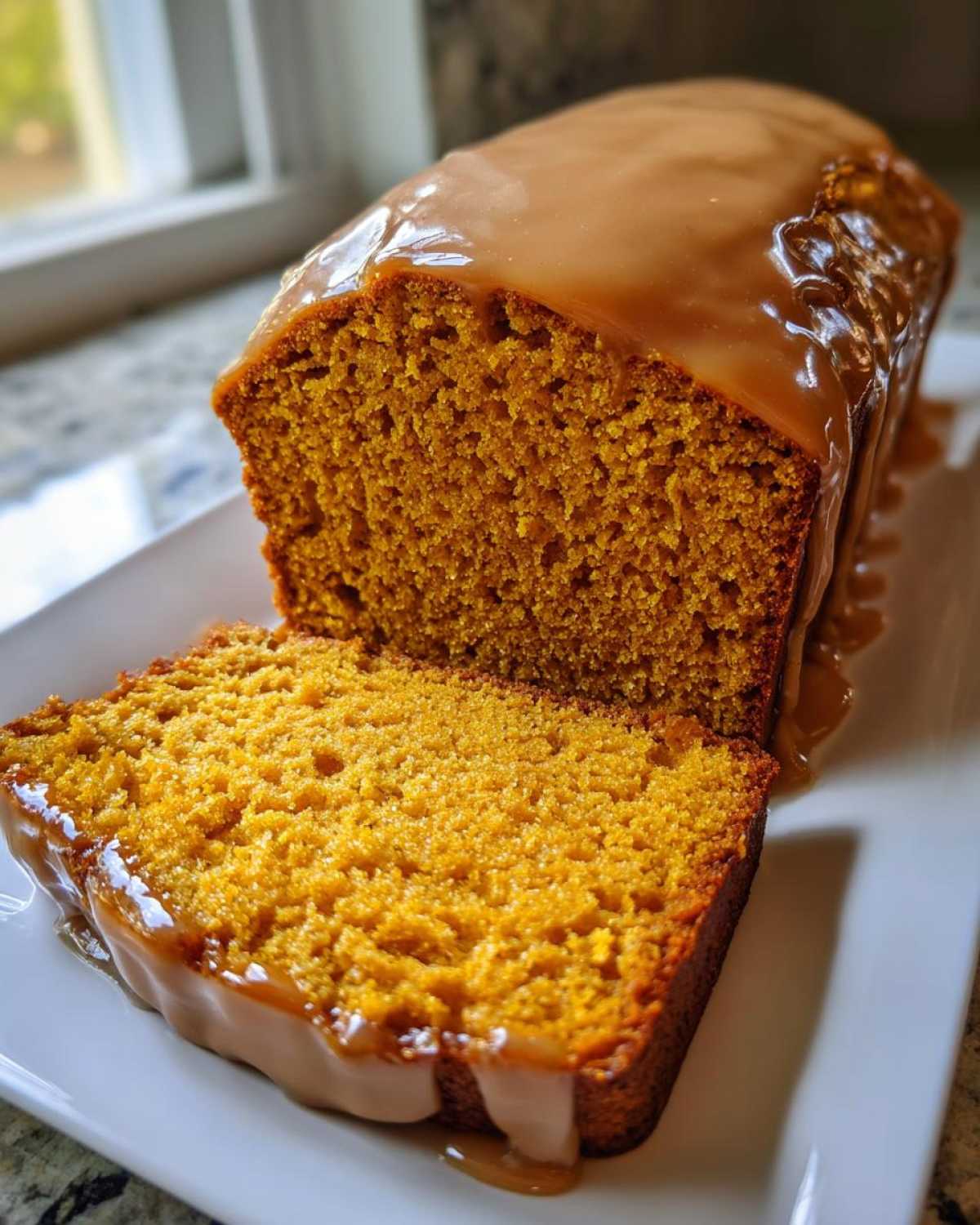 A slice cut from a moist sweet potato pound cake topped with a thick, dripping caramel glaze.