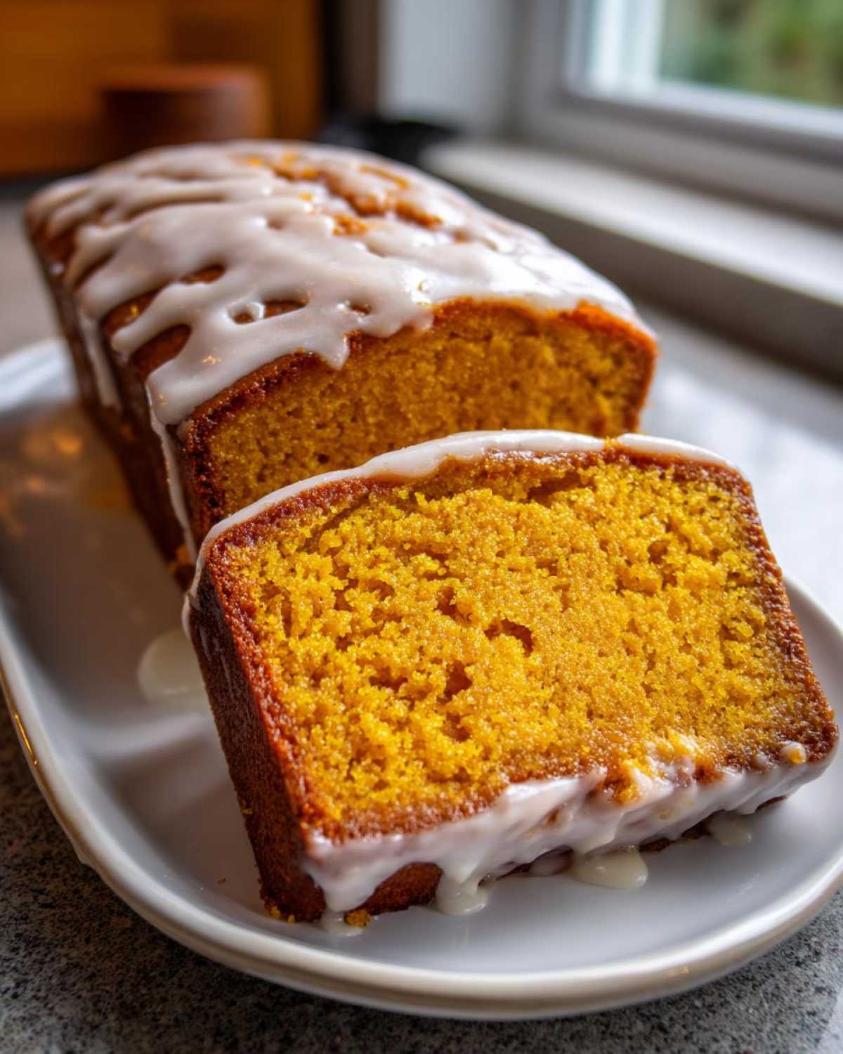 A slice cut from a moist sweet potato pound cake, drizzled generously with white vanilla glaze.