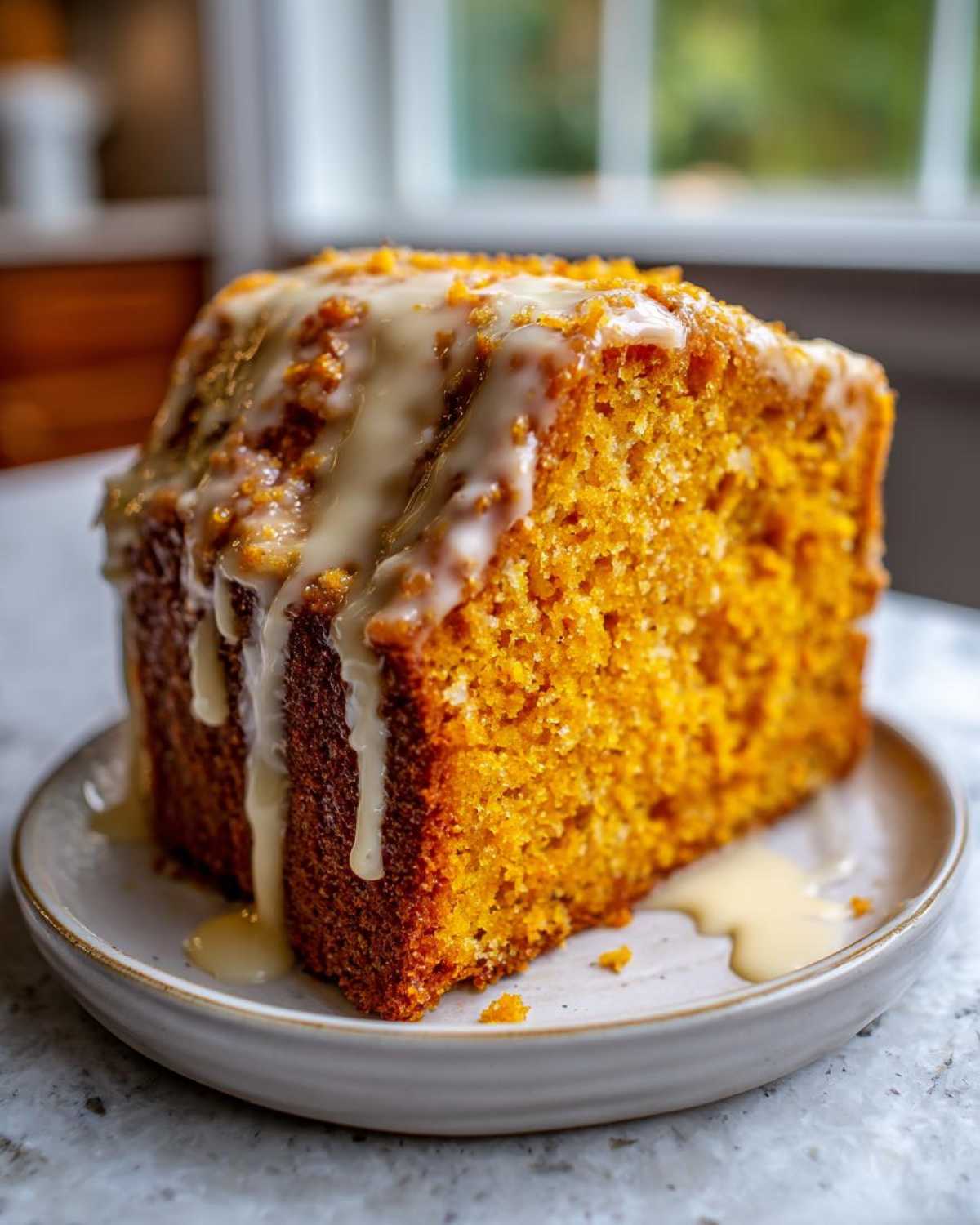 A close-up of a moist slice of orange sweet potato pound cake drizzled generously with white glaze.