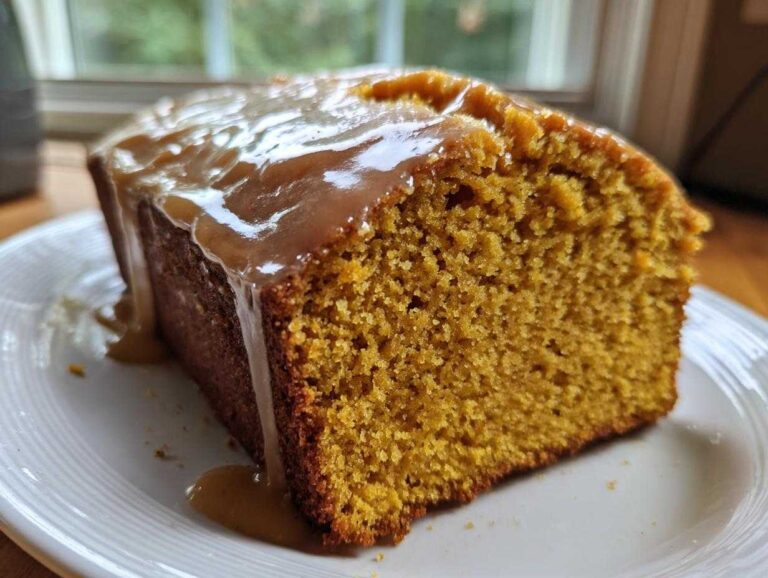 Close-up of a moist slice of sweet potato pound cake drizzled with a thick caramel glaze.