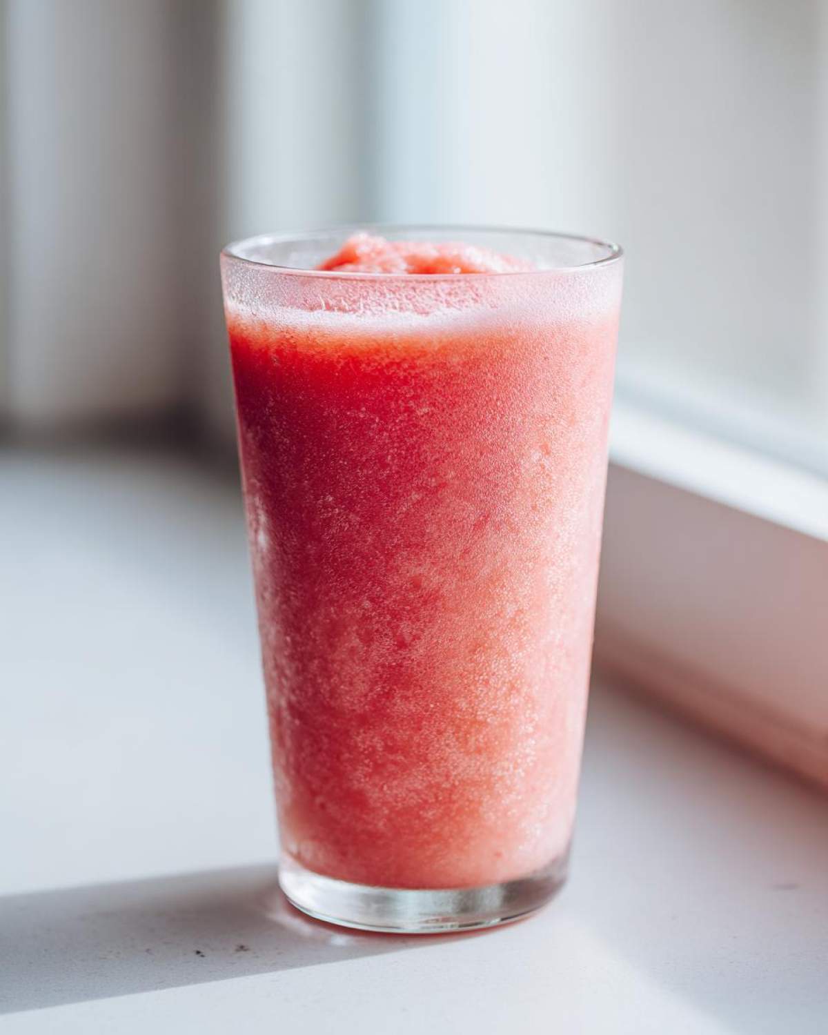 Close-up of a tall glass filled with a bright pink, icy watermelon smoothie sitting on a white surface.