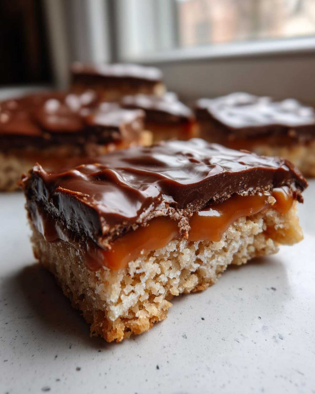 Close-up of a square twix cookies bar showing a shortbread base, thick caramel layer, and chocolate topping.