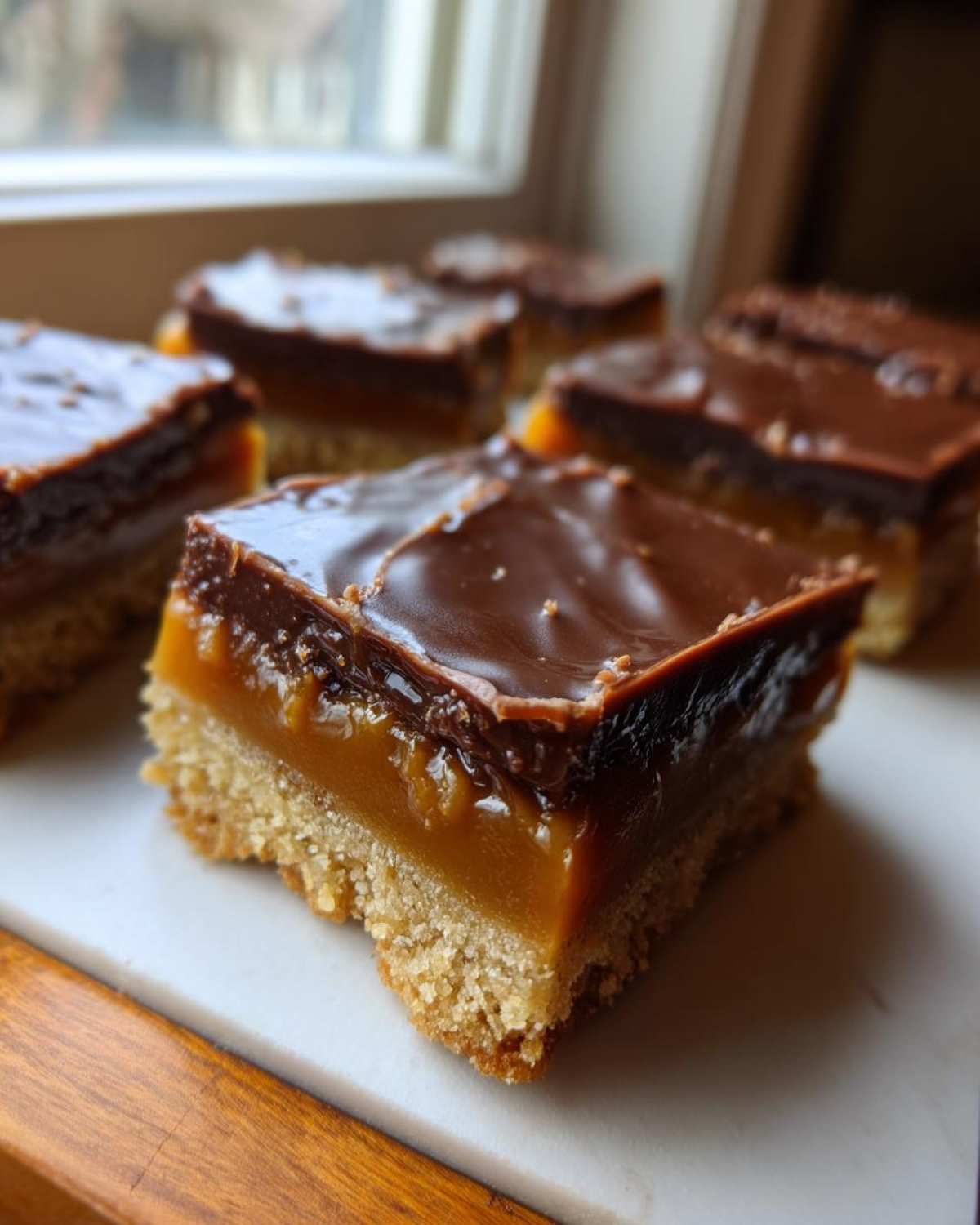 A close-up of a square twix cookies bar showing a shortbread base, thick caramel layer, and chocolate topping.