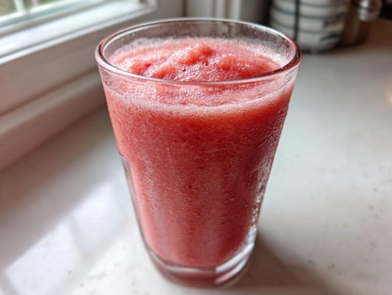 A close-up of a frosty, bright pink watermelon smoothie served in a tall glass.