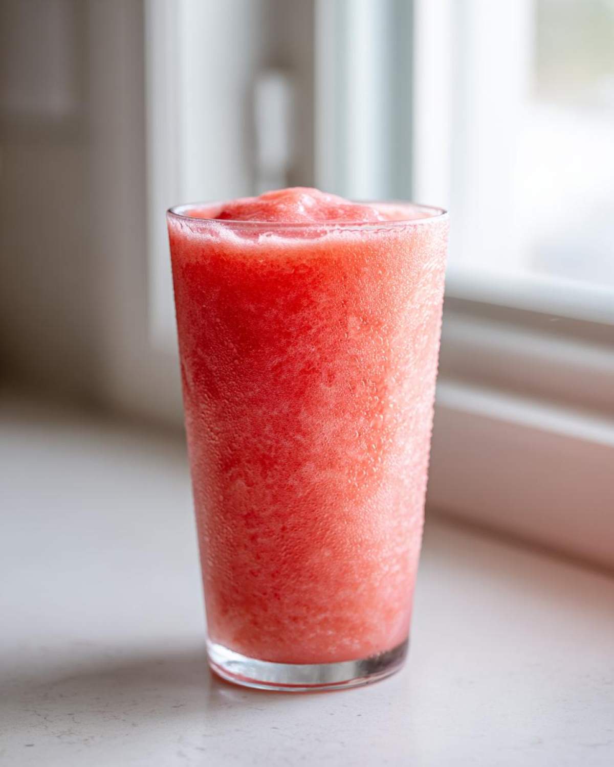 A tall glass filled with a bright red, frosty watermelon smoothie sitting on a white counter near a window.