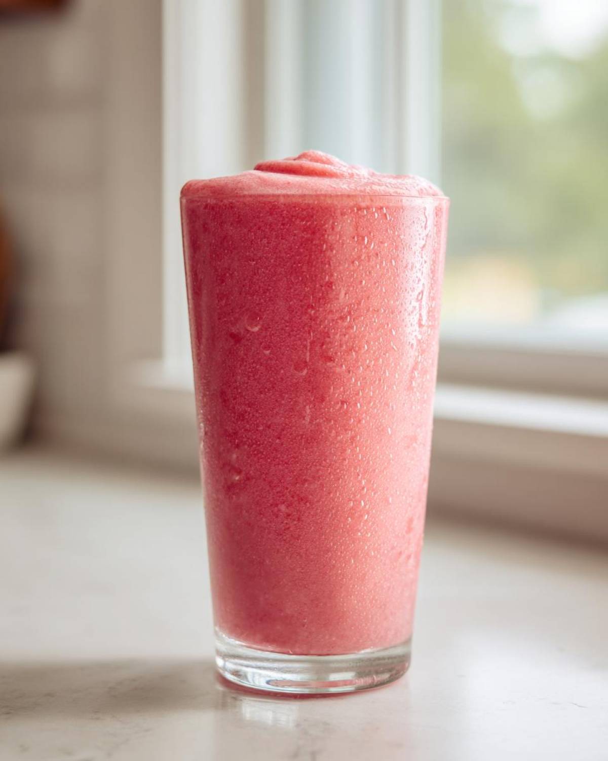 A tall glass filled with a thick, bright pink watermelon smoothie, showing condensation beads on the outside.