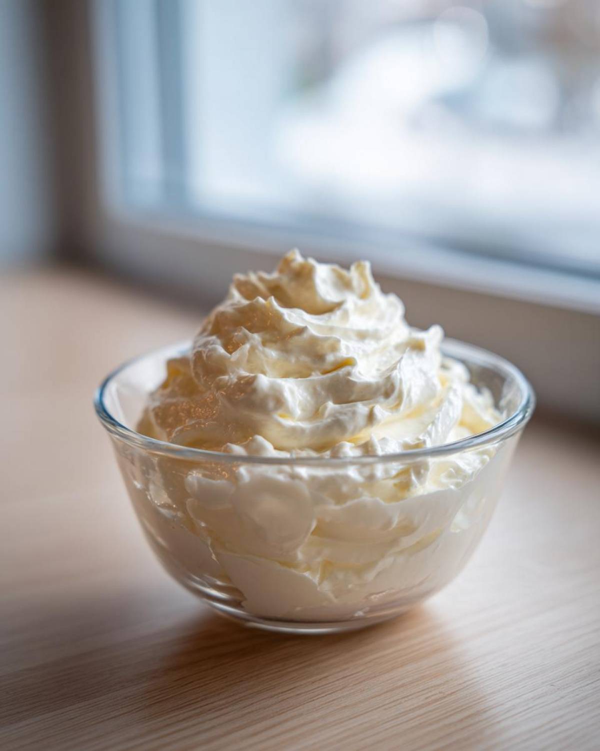 A glass bowl filled with a mound of fluffy white base ingredient for creamy horseradish sauce.