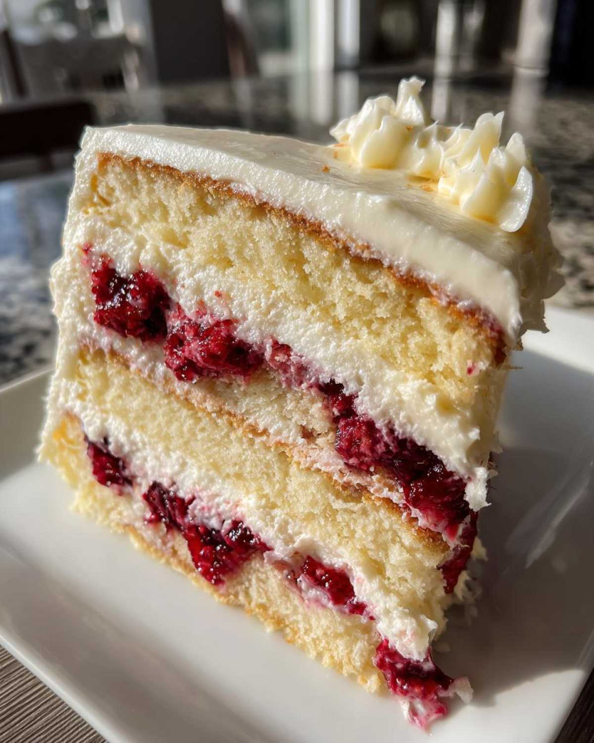 A close-up of a layered slice of white chocolate raspberry cake showing sponge, cream, and bright red raspberries.