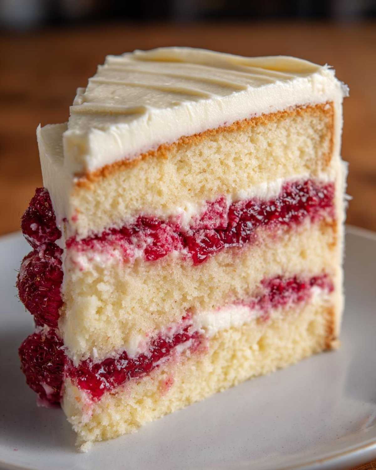 Close-up of a tall slice of white chocolate raspberry cake showing layers of vanilla sponge, white frosting, and bright red raspberry filling.