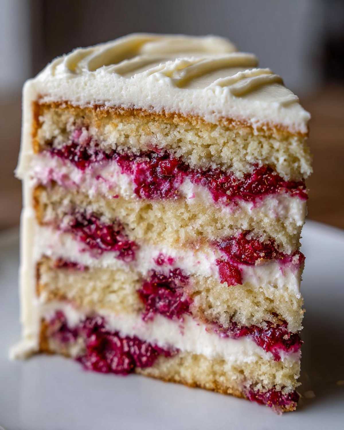 Close-up of a tall slice of white chocolate raspberry cake showing multiple layers of vanilla sponge, white frosting, and bright red raspberry filling.