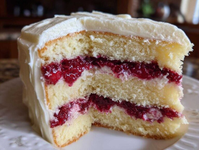 Close-up of a slice of white chocolate raspberry cake showing three layers of vanilla cake and raspberry filling.