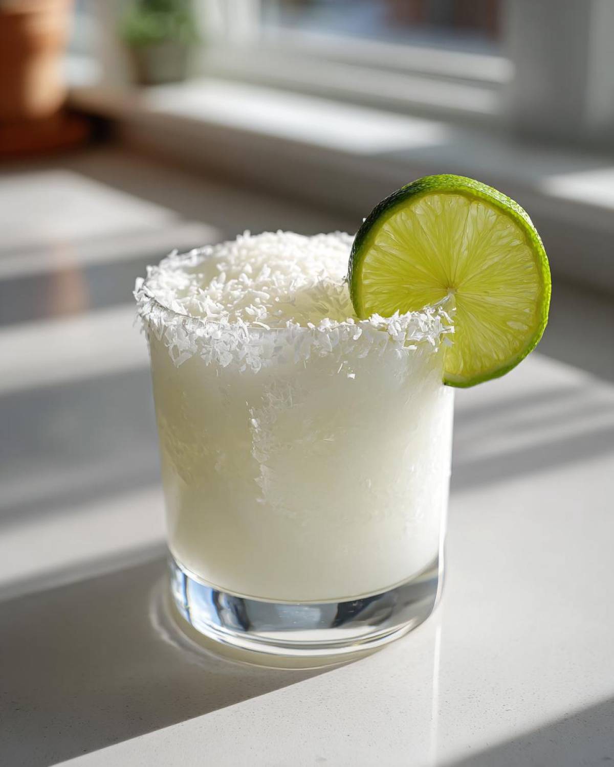 A frosty white christmas margarita in a glass with a shredded coconut rim and lime wheel garnish.