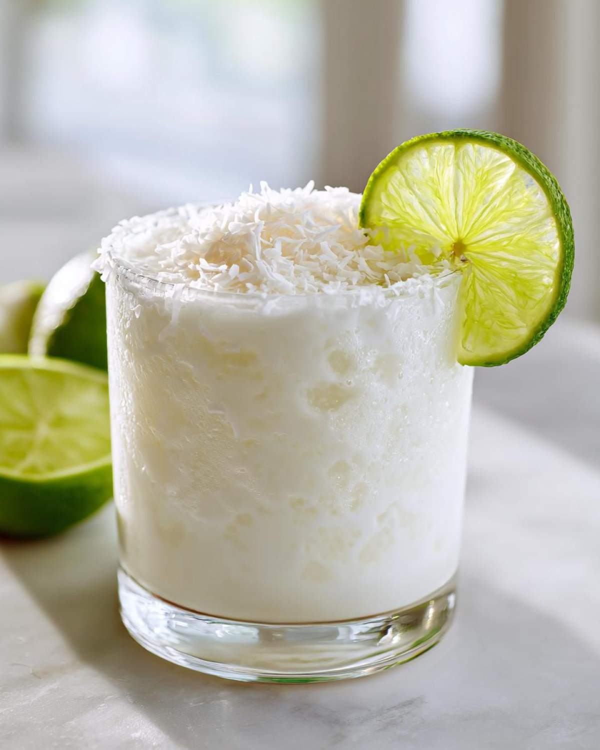 A frosty white Christmas margarita topped with shredded coconut and garnished with a lime wheel.