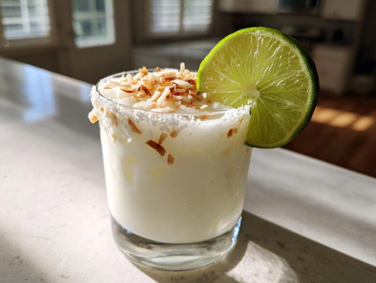 A creamy white Christmas margarita garnished with toasted coconut flakes and a fresh lime wheel.