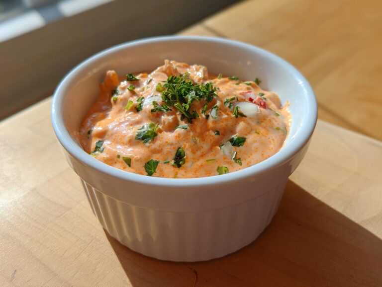 Close-up of bright orange remoulade sauce topped with fresh parsley and chopped onions in a white bowl.
