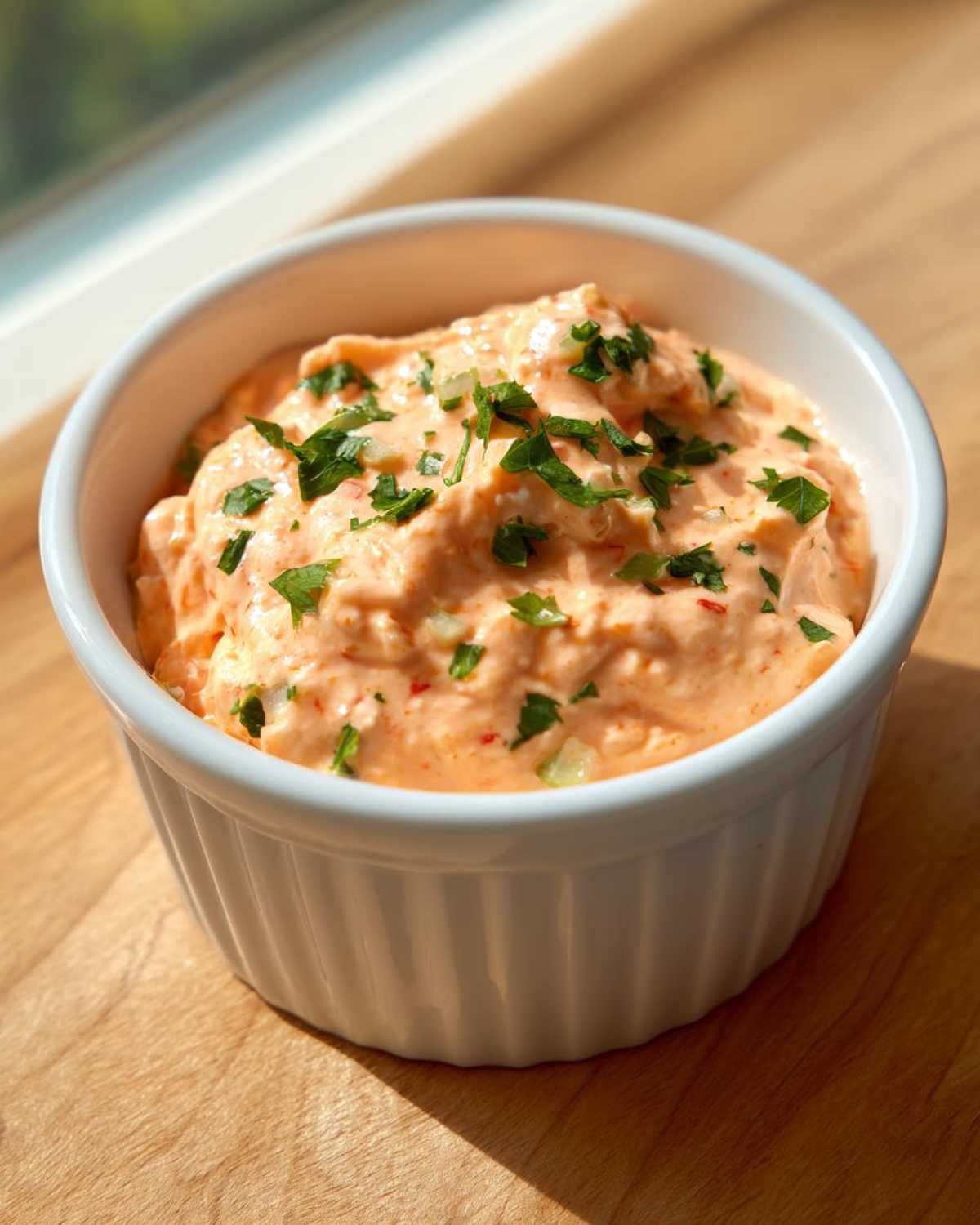 Close-up of a creamy, orange-hued remoulade sauce topped with chopped green herbs in a white ribbed bowl.