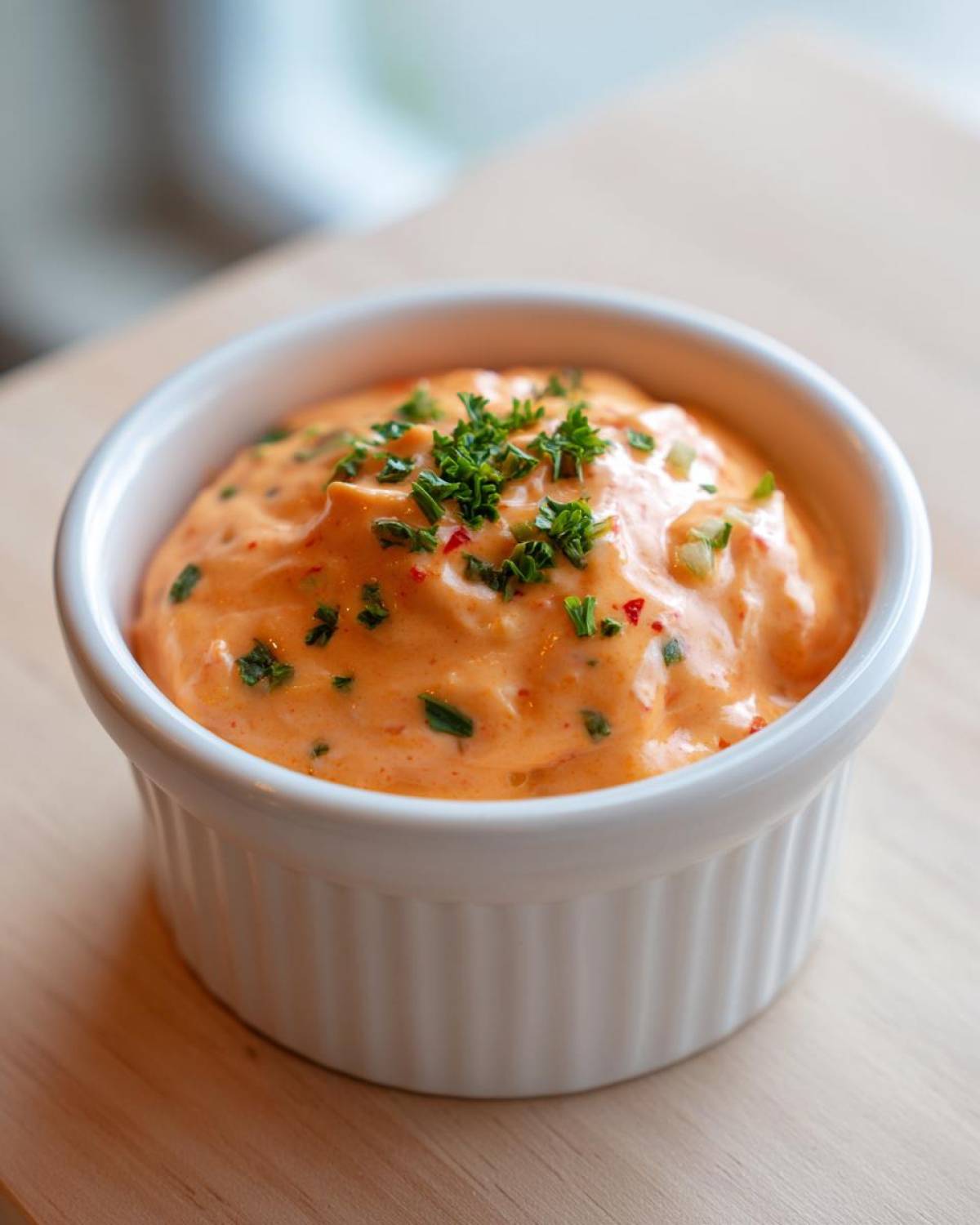 Close-up of a creamy, orange-hued remoulade sauce topped with fresh parsley in a white fluted ramekin.