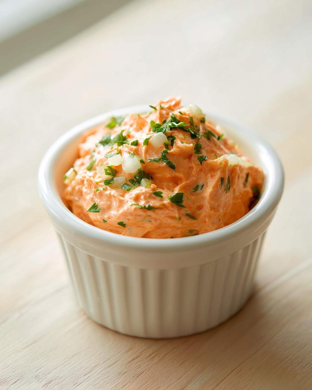 A close-up of bright orange remoulade sauce topped with chopped parsley and onions in a white ramekin.