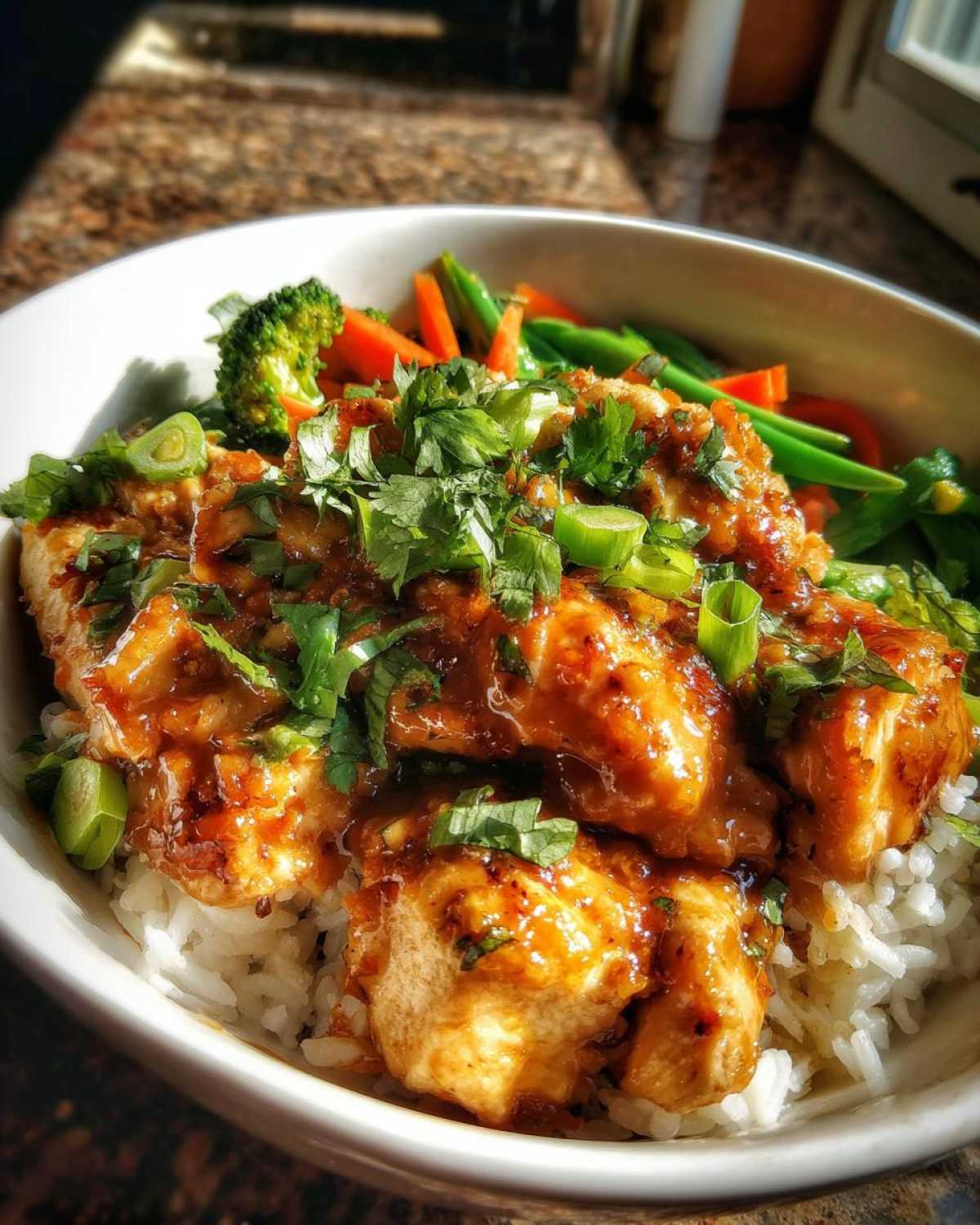 Close-up of a white bowl filled with 15-Minute Saucy Chicken Satay Bowls over rice, topped with fresh herbs.