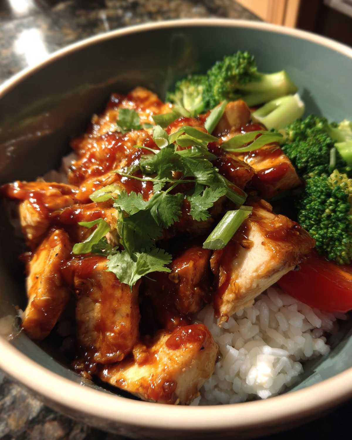 Close-up of 15-Minute Saucy Chicken Satay Bowls featuring sauced chicken over rice with steamed broccoli.