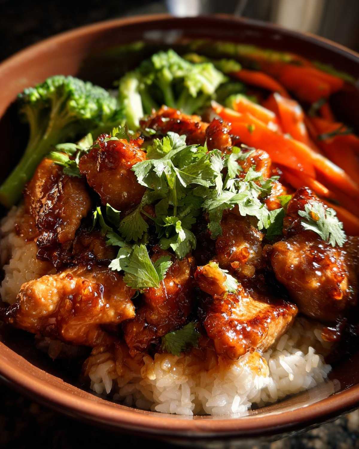 Close-up of 15-Minute Saucy Chicken Satay Bowls with saucy chicken over rice, broccoli, and carrots.