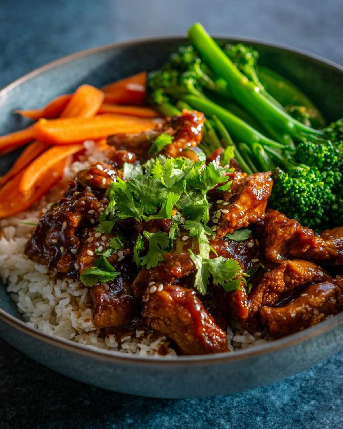 Close-up of 15-Minute Saucy Chicken Satay Bowls with saucy chicken over rice, broccoli, and carrots.