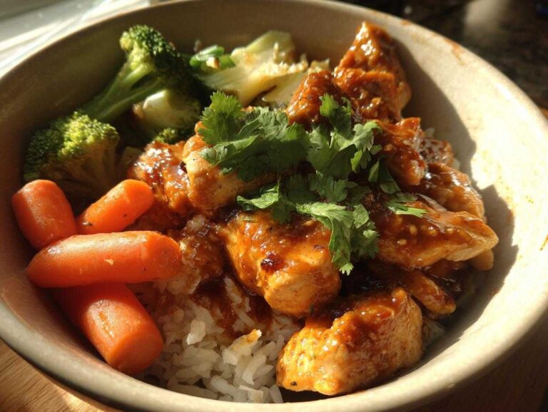 A close-up of 15-Minute Saucy Chicken Satay Bowls featuring saucy chicken pieces over rice with carrots, broccoli, and cilantro.