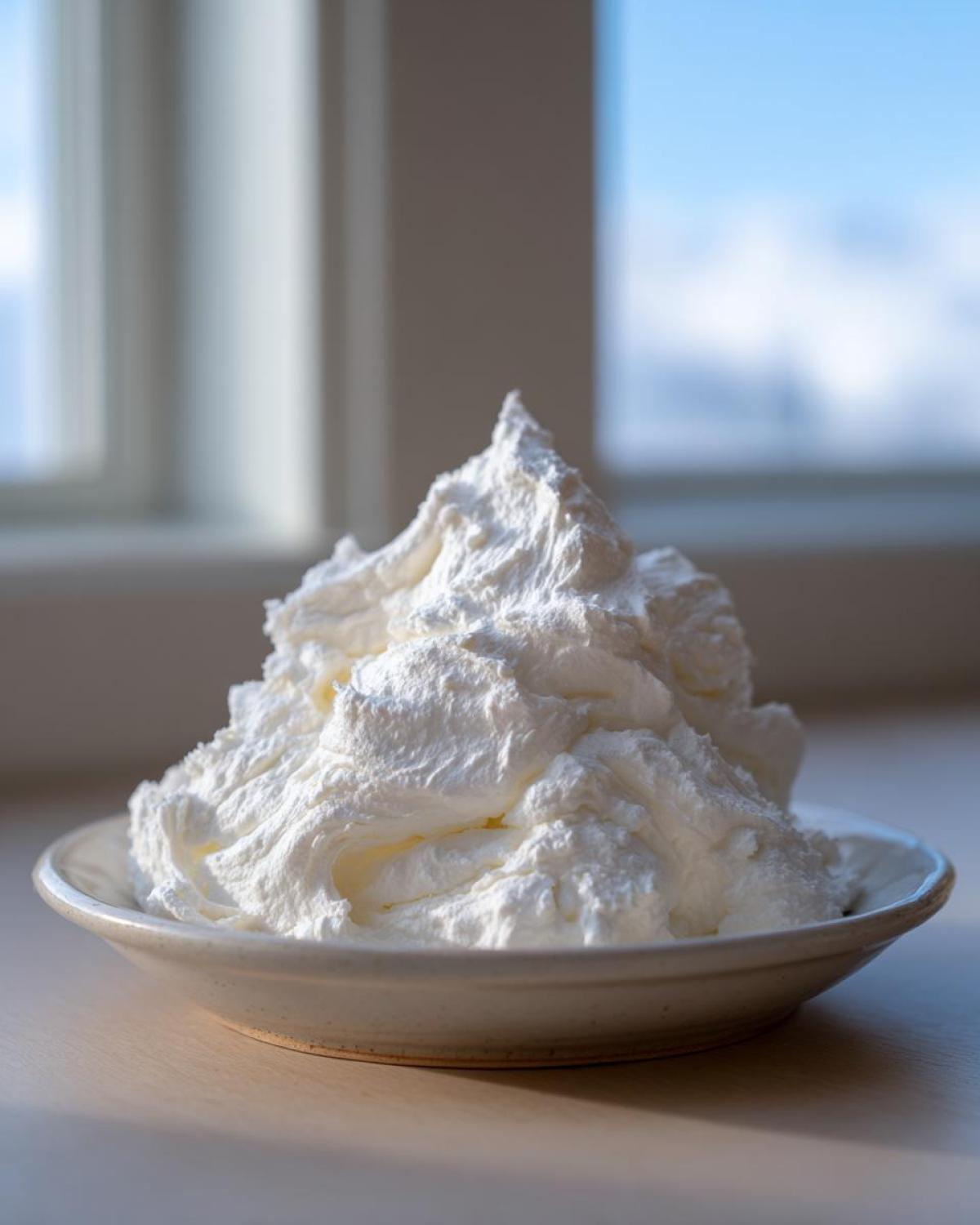 A mound of bright white, fluffy material resembling whipped cream, representing the 2-Ingredient Fluffy Cloud Dough.