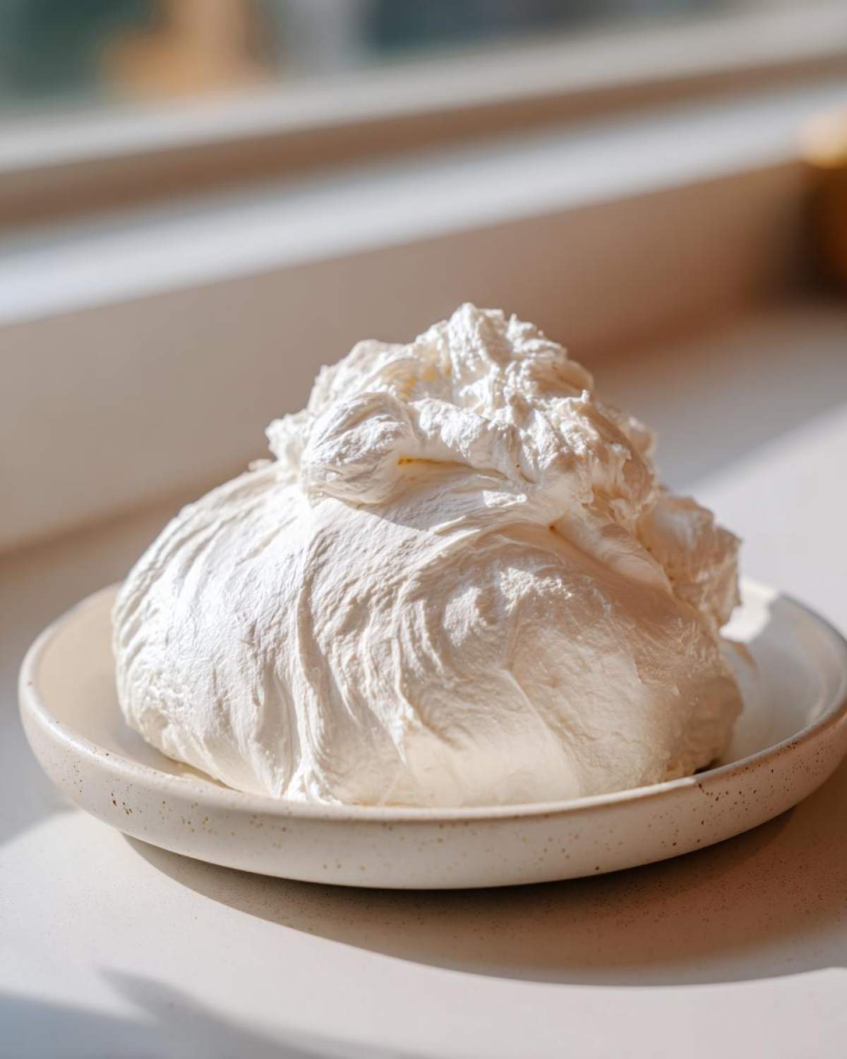 A mound of bright white, fluffy texture resembling 2-Ingredient Fluffy Cloud Dough resting on a speckled ceramic plate.
