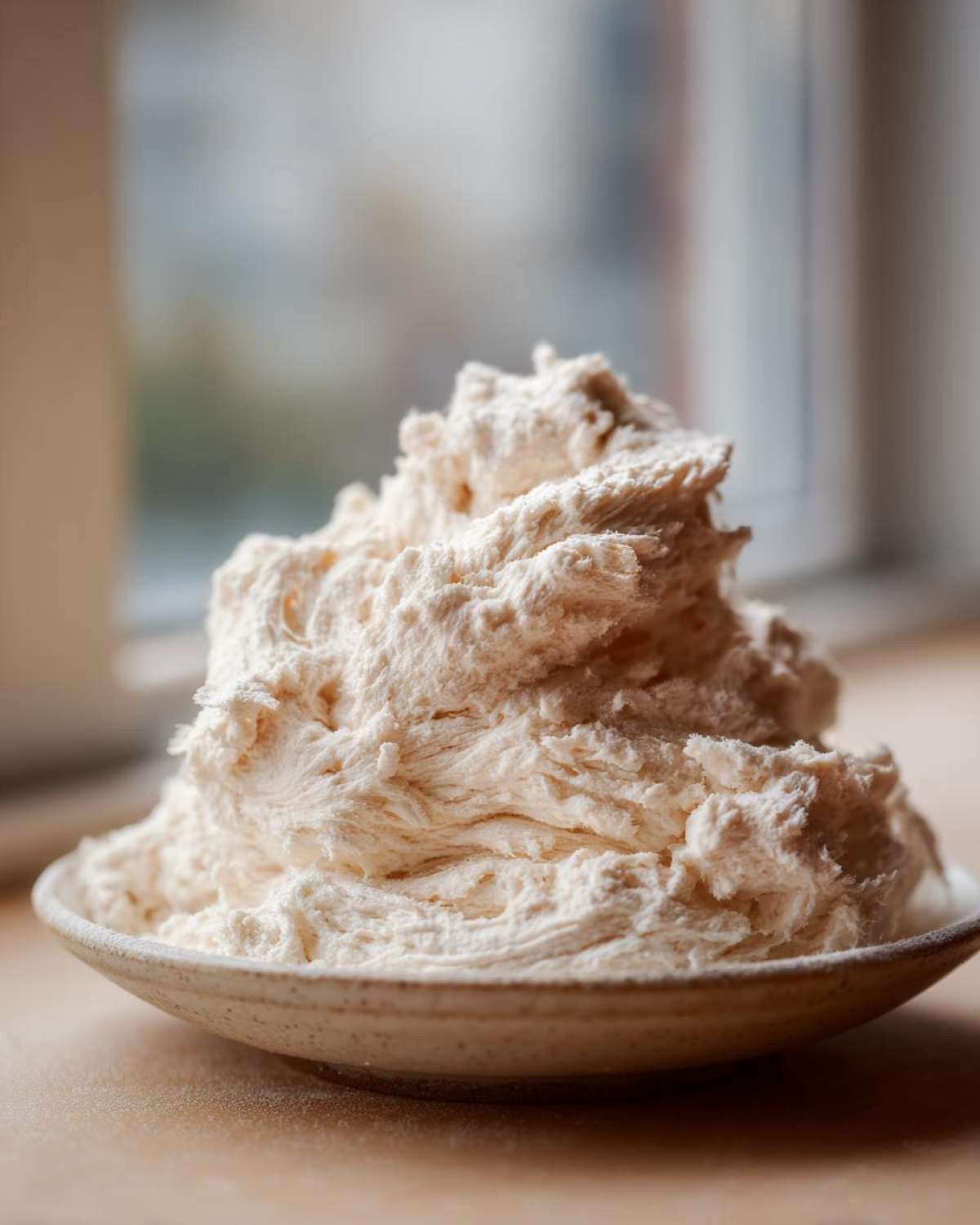 Close-up of the fluffy, textured 2-Ingredient Fluffy Cloud Dough piled high in a small ceramic bowl.