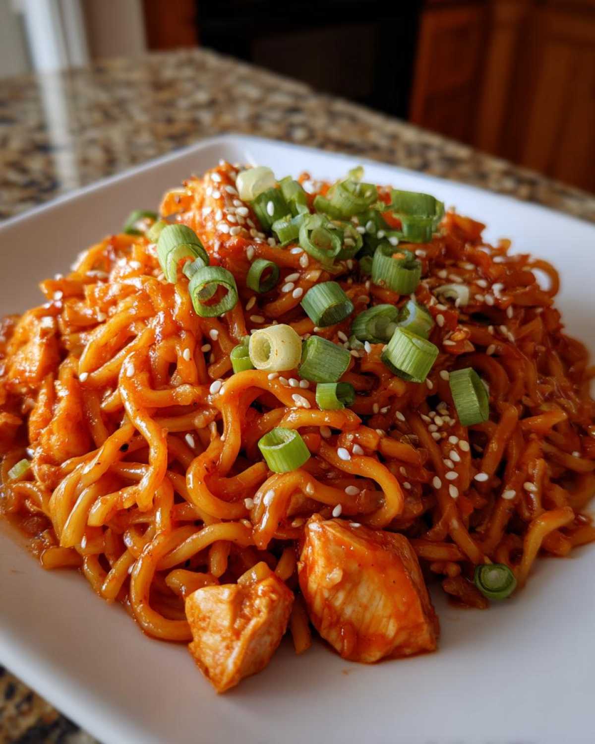 A close-up of saucy 20-Minute Saucy Gochujang Chicken Noodles topped with green onions and sesame seeds.