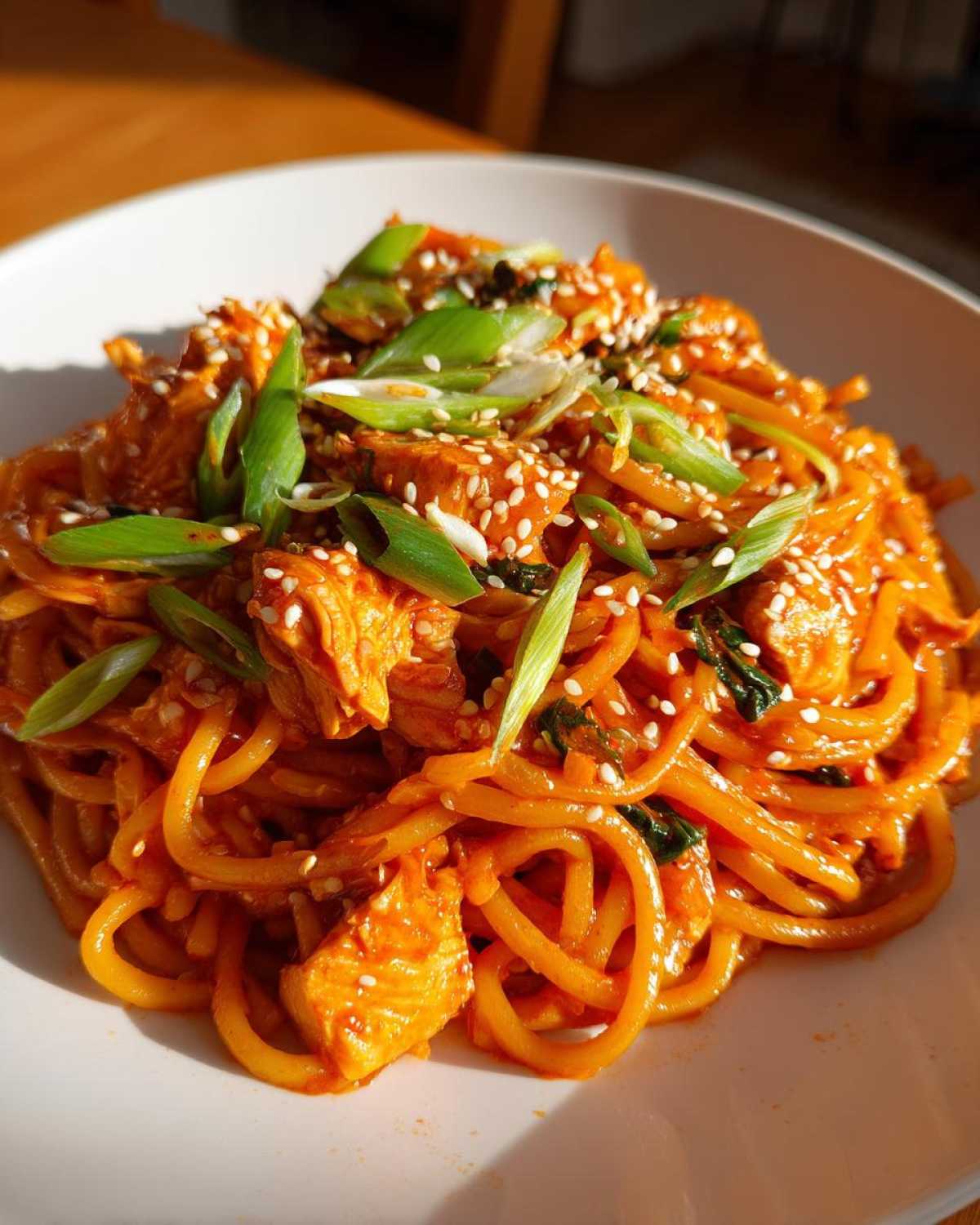 Close-up of saucy Gochujang Chicken Noodles topped with sesame seeds and sliced green onions.