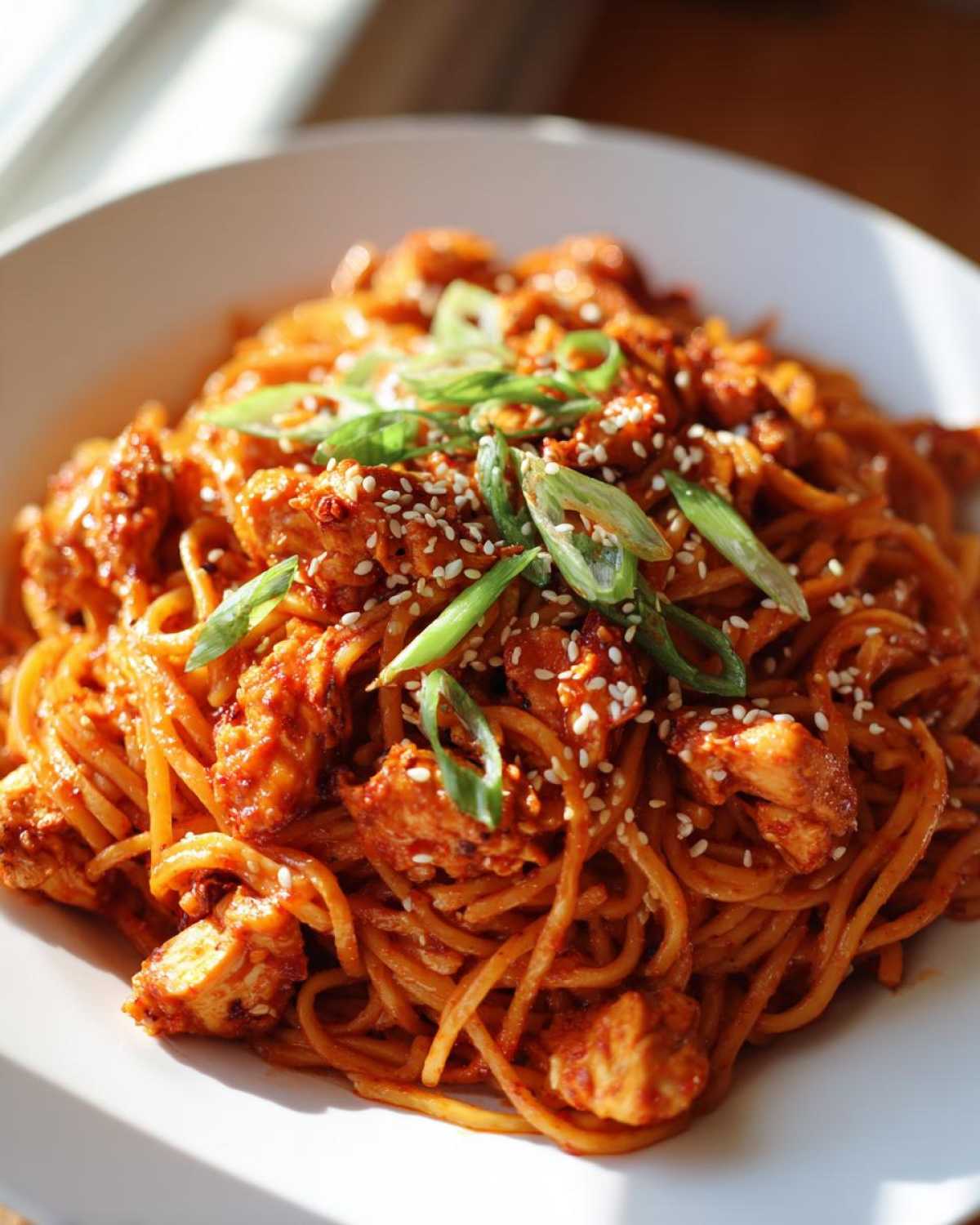 A close-up of saucy Gochujang Chicken Noodles mixed with chicken pieces, garnished with sesame seeds and sliced green onions.