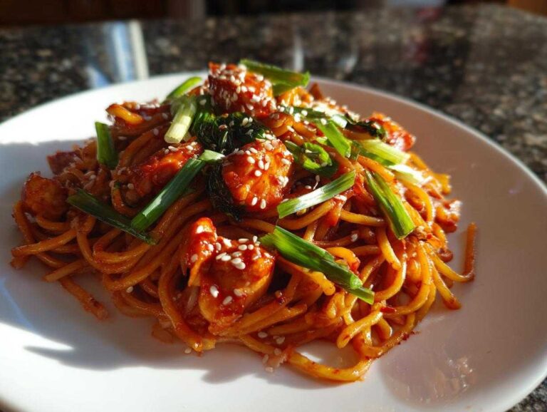 A close-up of 20-Minute Saucy Gochujang Chicken Noodles tossed in a bright red sauce, topped with green onions and sesame seeds.