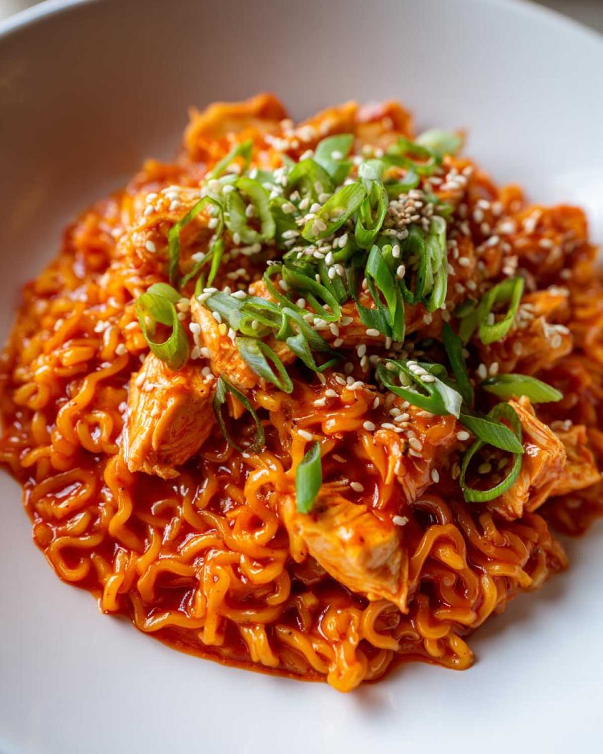 Close-up of vibrant red 20-Minute Saucy Gochujang Chicken Noodles topped with green onions and sesame seeds.
