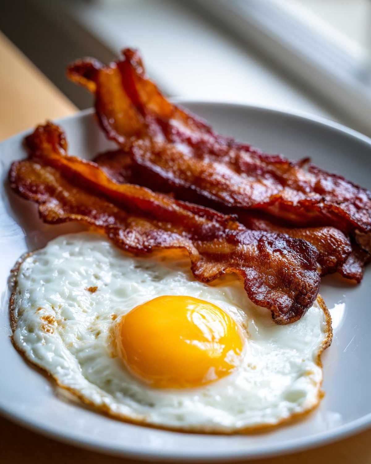 Close-up of crispy bacon strips served next to a perfectly cooked sunny-side-up egg, highlighting the Air Fryer Bacon with Eggs.