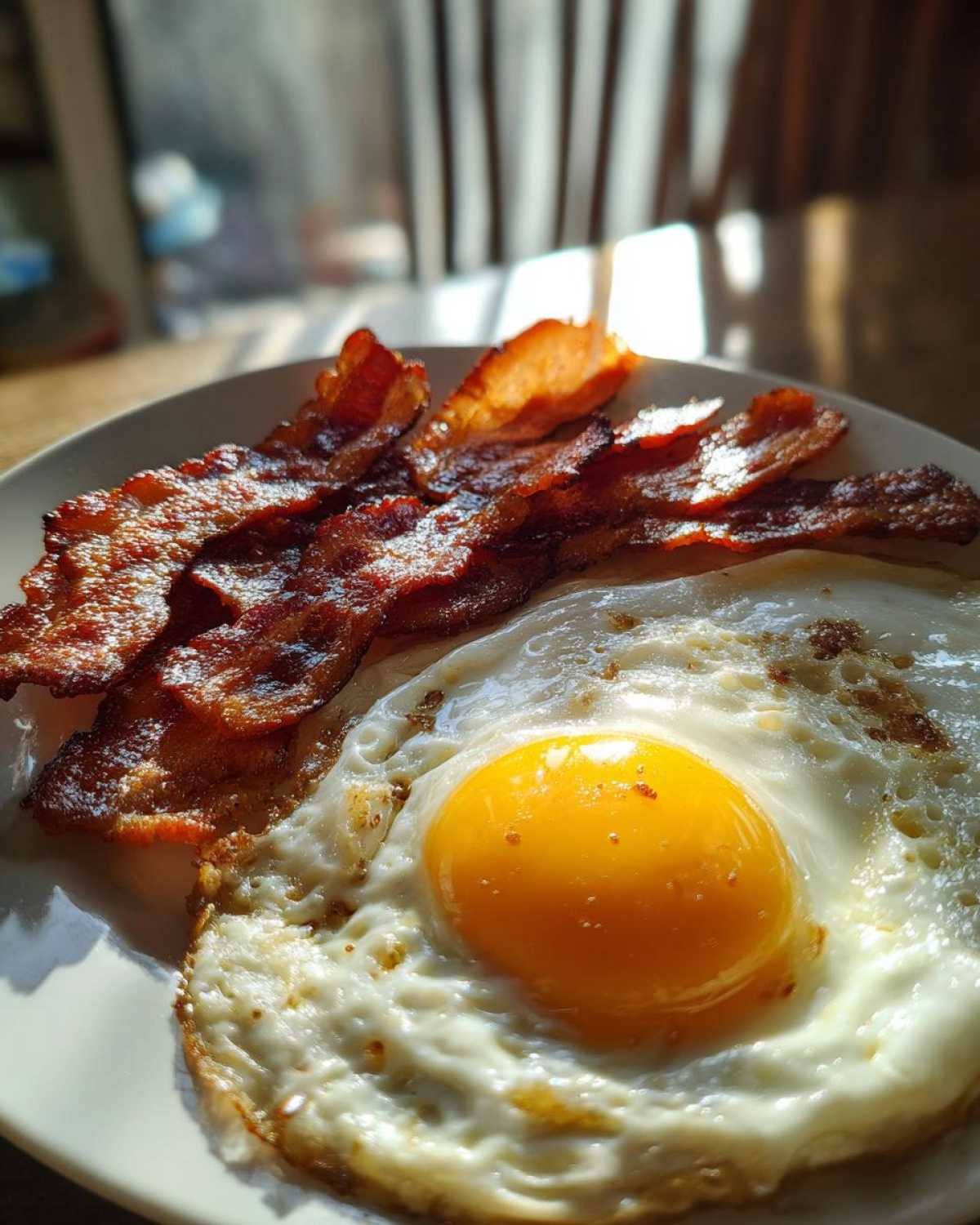 Close-up of crispy strips of Air Fryer Bacon with Eggs served on a white plate.