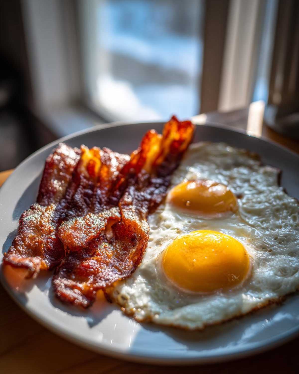 Close-up of crispy Air Fryer Bacon with Eggs, featuring two bright yellow yolks on a white plate.