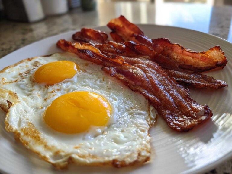 Close-up of two sunny-side-up eggs next to crispy strips of Air Fryer Bacon with Eggs on a white plate.