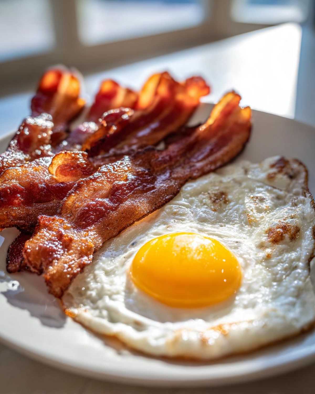 Close-up of crispy strips of Air Fryer Bacon with Eggs, featuring a bright yellow yolk.