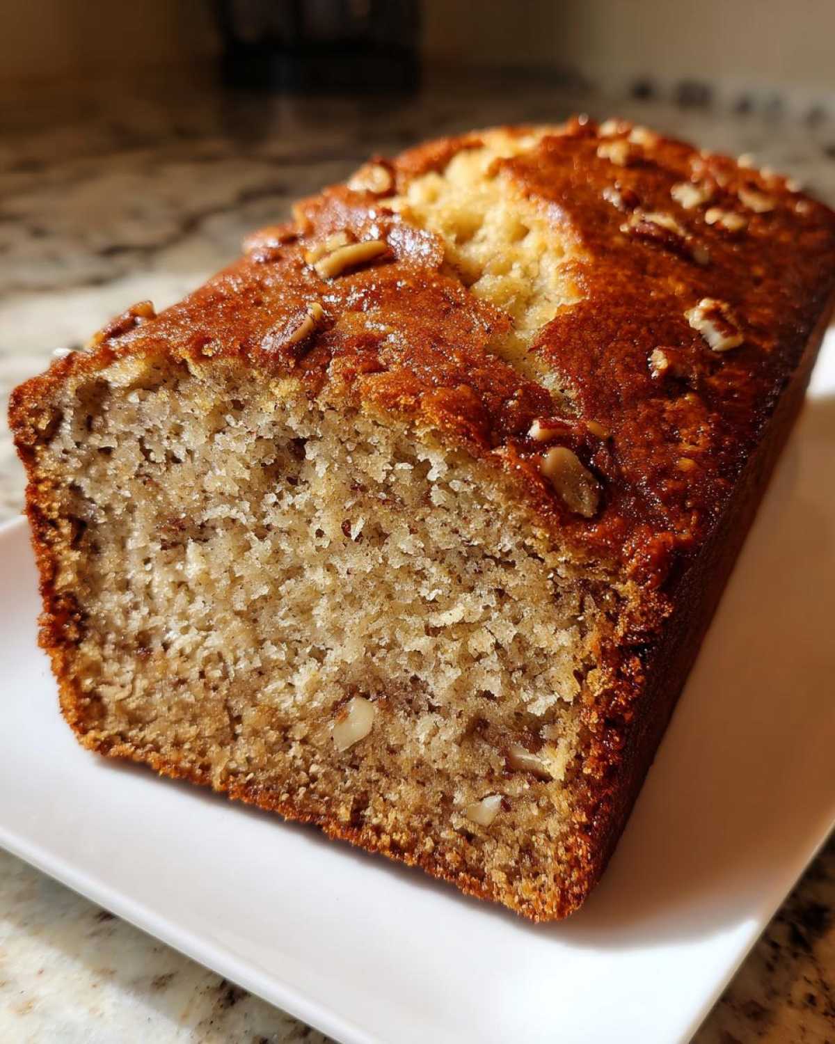 Close-up of a freshly baked Air Fryer Banana Bread with Pecans, showing a moist interior and golden crust.