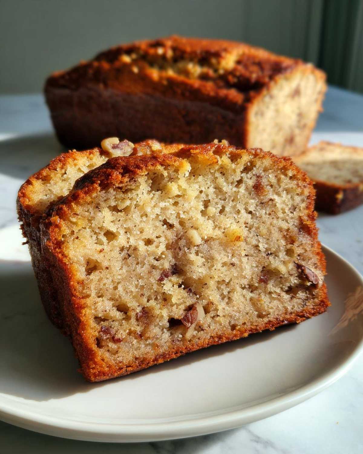 Close-up of two slices of moist Air Fryer Banana Bread with Pecans on a white plate, with the loaf in the background.