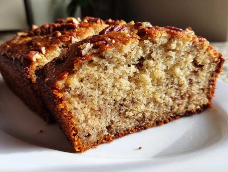 Amazing 10-Minute Air Fryer Banana Bread with Pecans Close-up of two slices of moist Air Fryer Banana Bread with Pecans on a white plate.