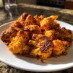 Close-up of crispy, orange-coated Air Fryer Buffalo Cauliflower Wings piled on a white plate.