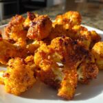 Close-up of crispy, golden-orange Air Fryer Buffalo Cauliflower Wings piled on a white plate.