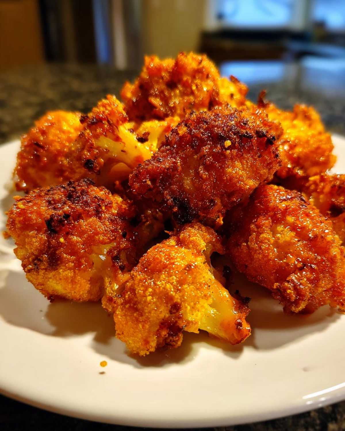 Close-up of crispy, bright orange Air Fryer Buffalo Cauliflower Wings piled on a white plate.