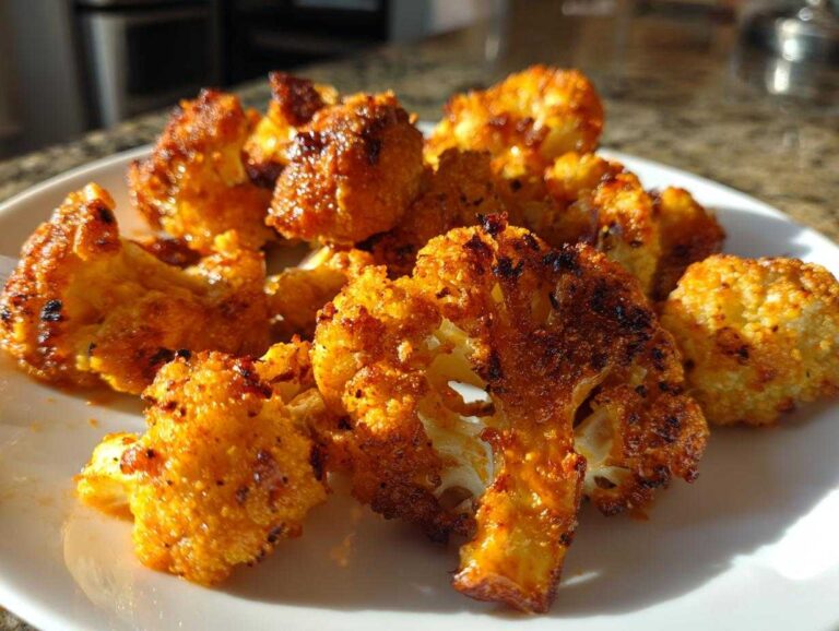Close-up of crispy, golden-orange Air Fryer Buffalo Cauliflower Wings piled on a white plate.