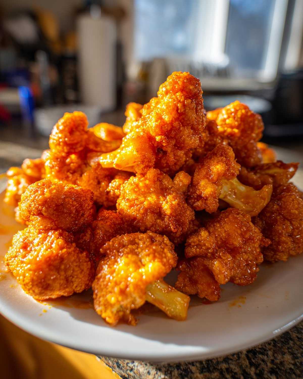A close-up, appetizing pile of crispy Air Fryer Buffalo Cauliflower Wings coated in bright orange sauce on a white plate.
