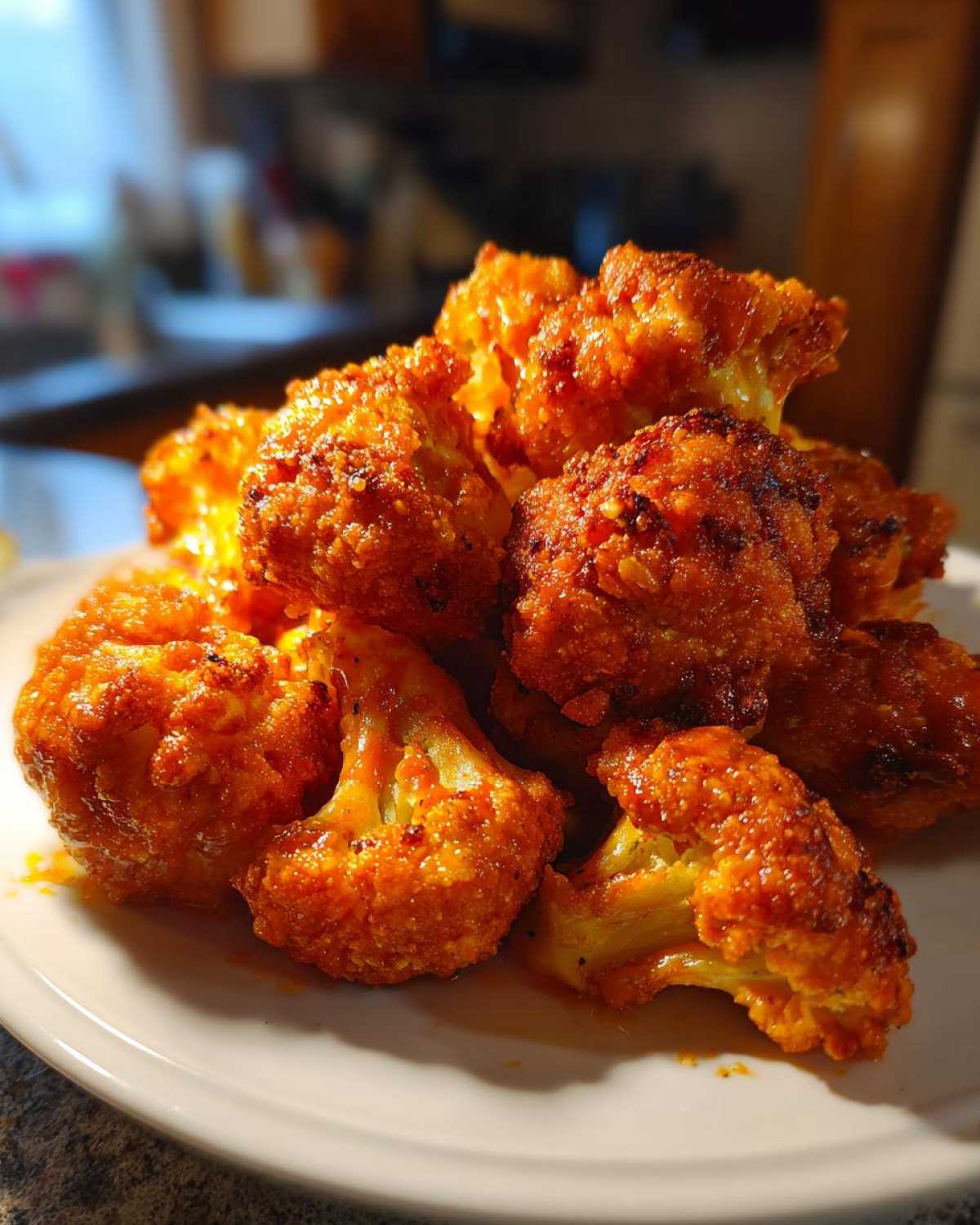 A close-up of several crispy, bright orange Air Fryer Buffalo Cauliflower Wings piled high on a white plate.